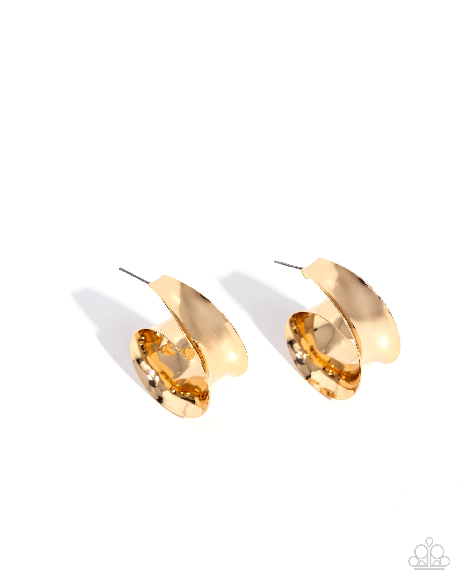 Featuring a sleek finish, a thick band of gold curls into a dainty swirl at the bottom of the ear for an eye-catching centerpiece. Earring attaches to a standard post fitting. Hoop measures approximately 1 1/2" in diameter.  Sold as one pair of hoop earrings.