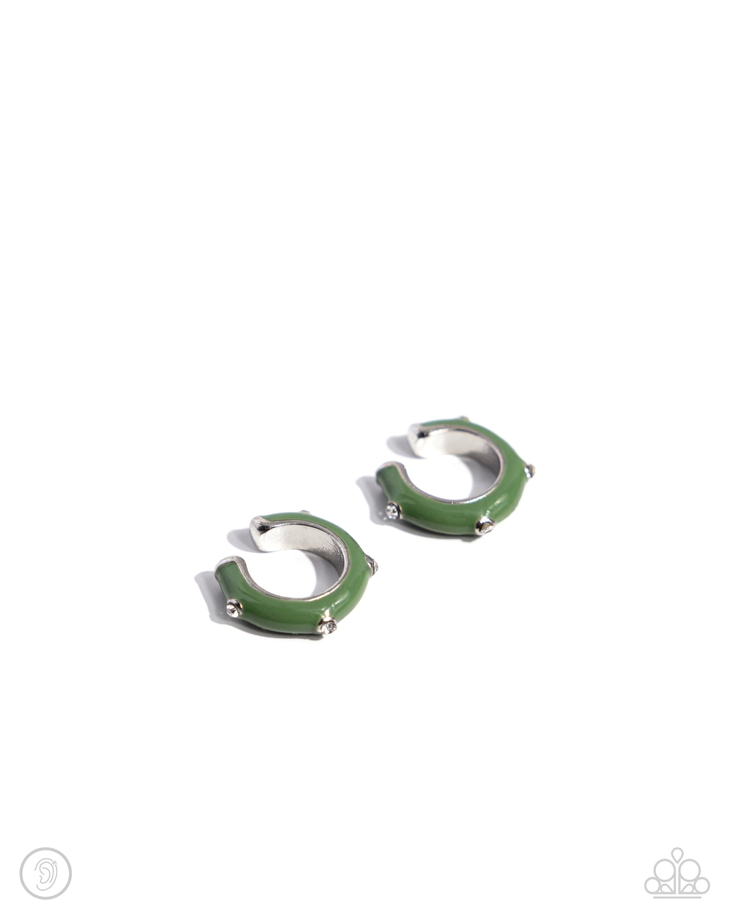 <p>Paparazzi Accessories - Coastal Color - Green Ear Cuffs featuring a green painted surface, a white rhinestone-dotted silver cuff curls around the ear, creating an adjustable, one-size-fits-all colorful cuff.</p> <p><i>Sold as one pair of cuff earrings.</i></p>
