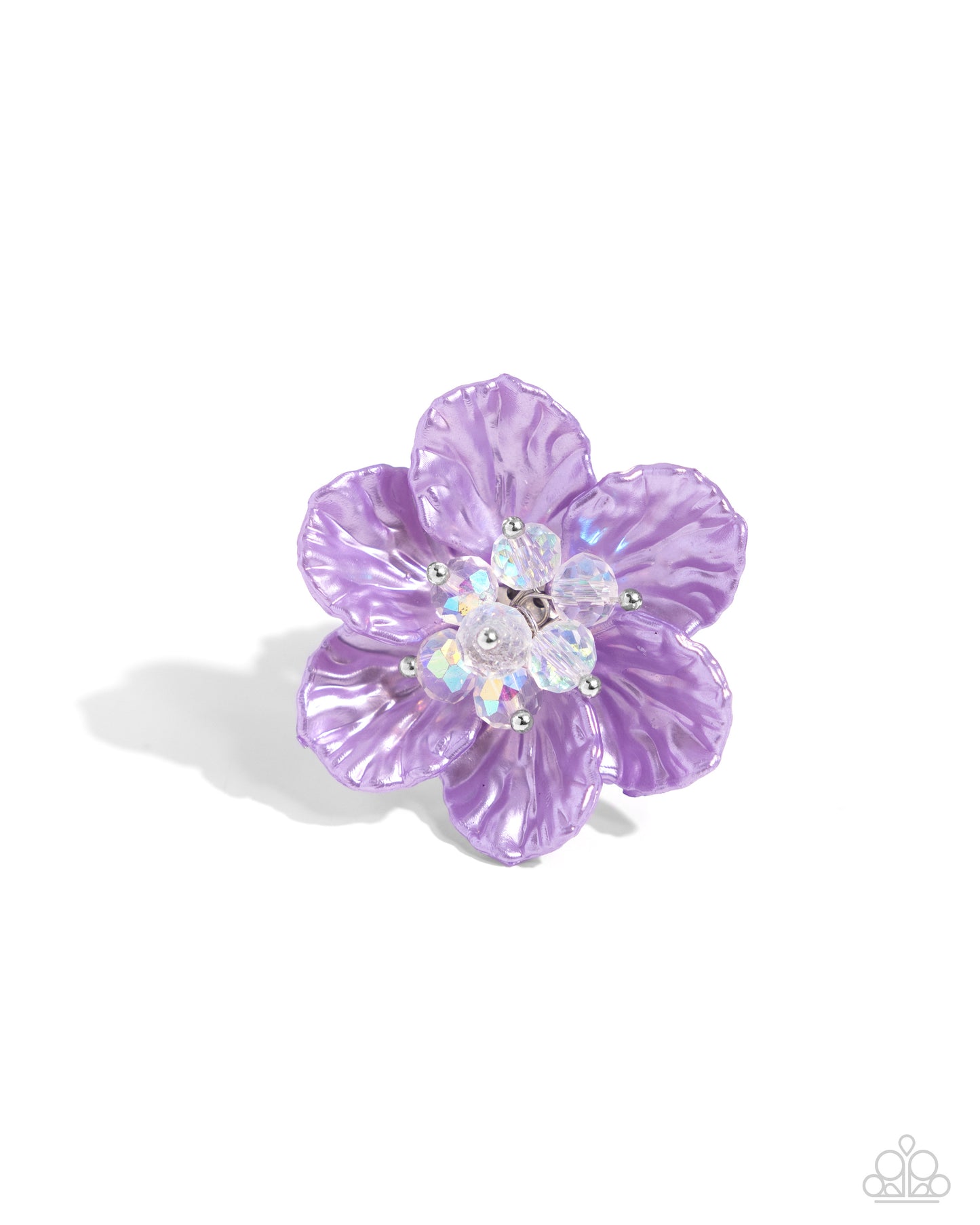 Featuring a warped shell-like texture, an oversized lavender flower glimmers atop the finger for a whimsical finish. Dainty silver studs and clear crystal beads coalesce the center of the flower, adding additional tactile detail. Features a stretchy band for a flexible fit.  Sold as one individual ring.