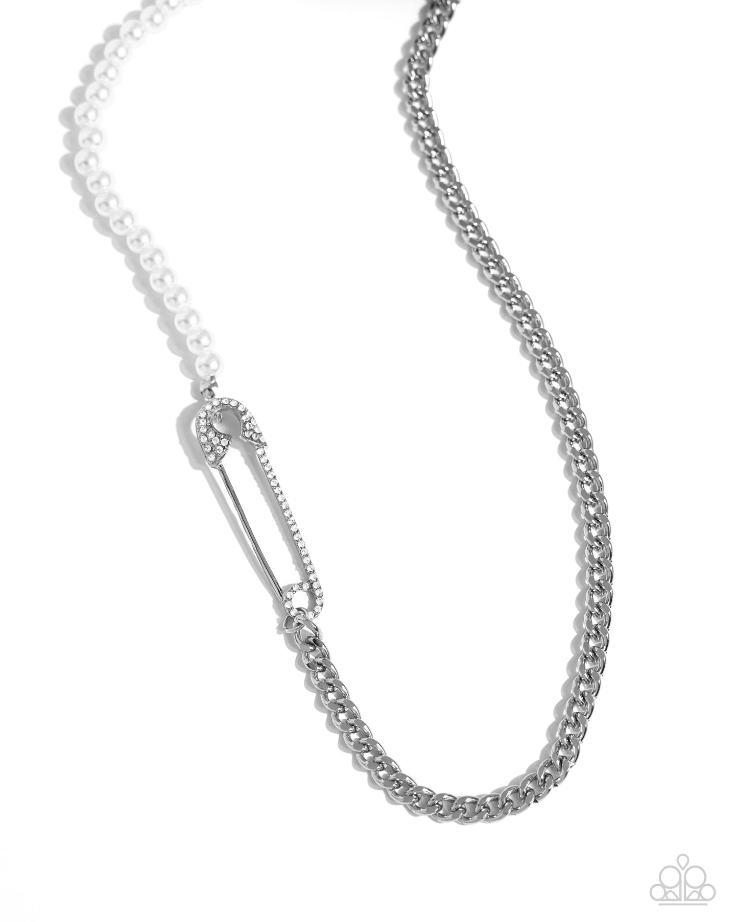 strand of white pearls collides with a layer of chain to create an abstract blend of grit and glitz. The links of the curb chain offset the pearly sheen of the beads that lay on the opposite side, perfectly balancing the contrasting design. A white rhinestone-embellished oversized safety pin charm connects the two strands for a surprising hint of edge. Features an adjustable claspSold as one individual necklace. Includes one pair of matching earrings. Earring: "Safety Pin Sentiment - White"