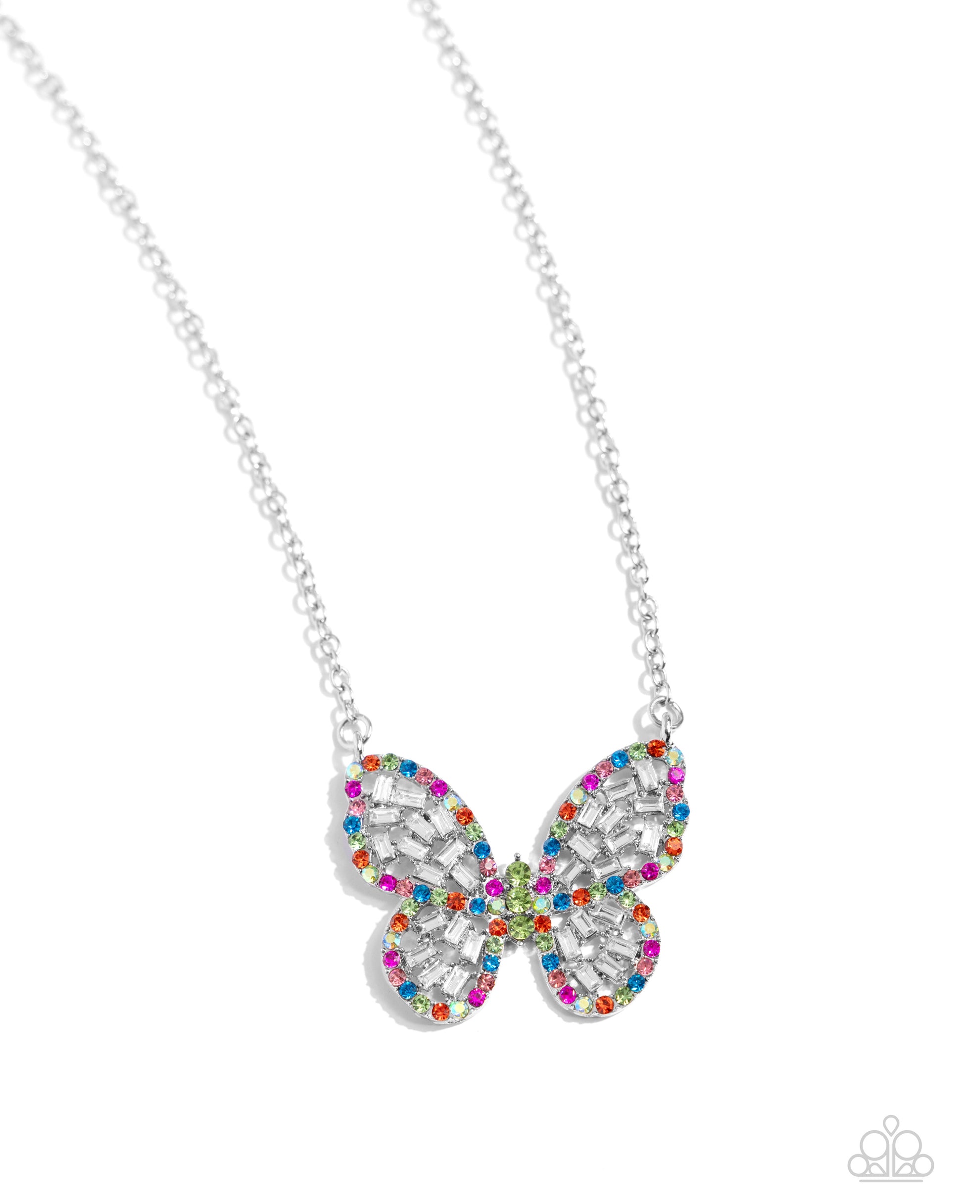 <p>Paparazzi Accessories - Aerial Academy - Green Butterfly Necklaces bordered in multicolored and iridescent rhinestones, a collection of white emerald-cut dainty gems scatter across the interior of the airy silver butterfly. Additional dainty green rhinestones create the body of the butterfly for a further splash of color and whimsy. Features an adjustable clasp closure. Due to its prismatic palette, color may vary.</p> <p><i>Sold as one individual necklace. Includes one pair of matching earrings.</i></p>