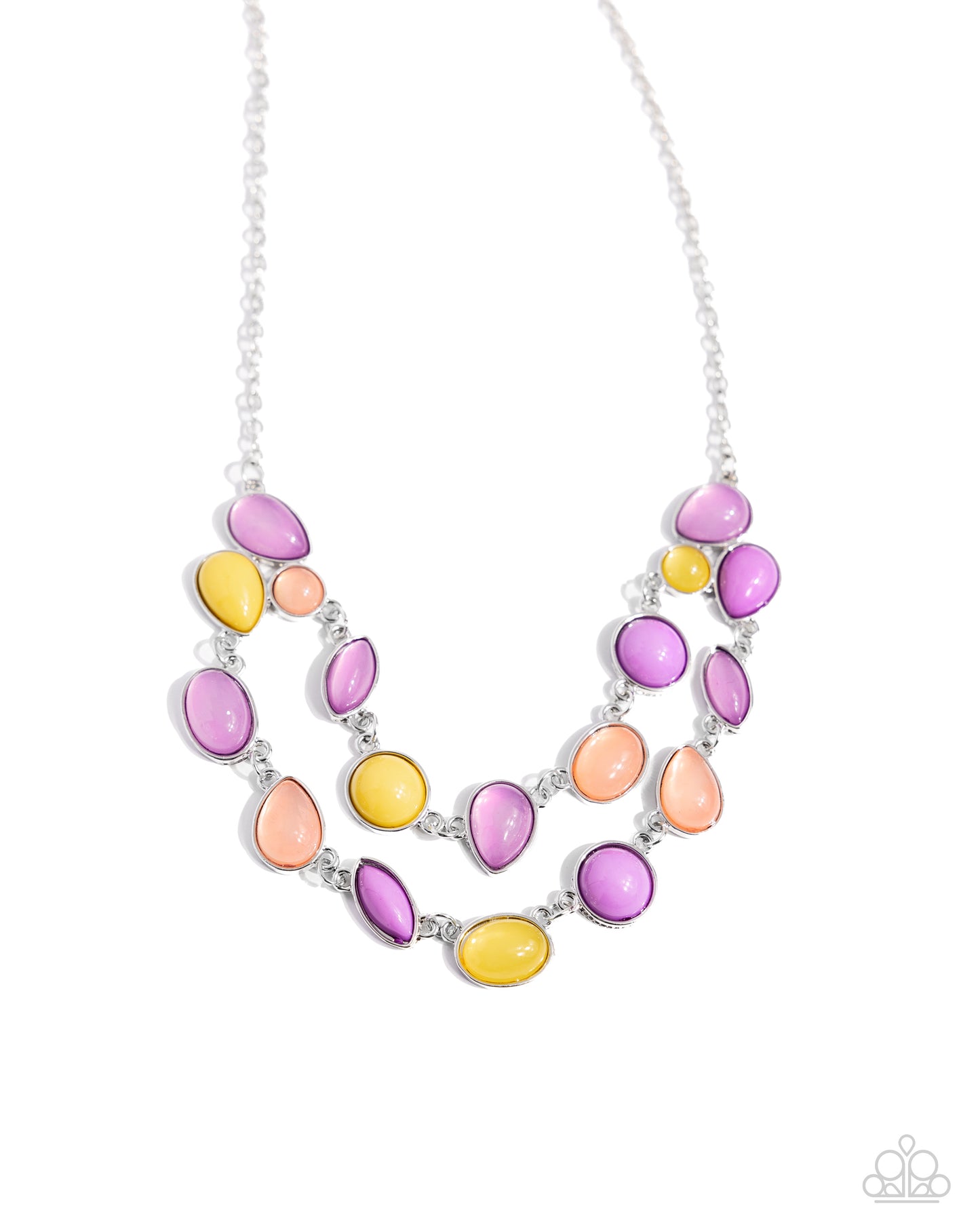 Paparazzi Accessories - Variety Vogue - Purple Necklaces a mismatched collection of glossy and opaque lavender, Desert Flower, and Lemon Drop teardrop, marquise, and round beads in silver frames delicately connect into a bubbly clustered pendant below the collar, creating a colorful statement piece. Features an adjustable clasp closure. Sold as one individual necklace. Includes one pair of matching earrings.