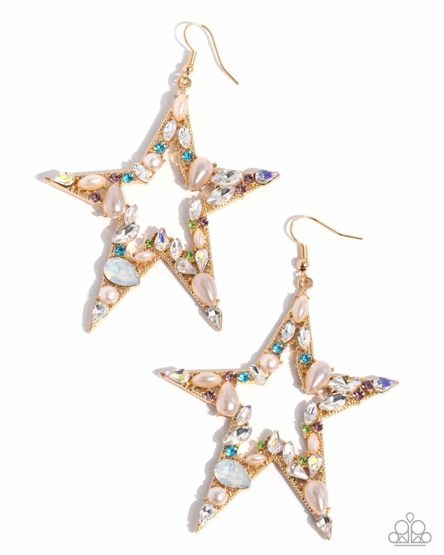 Multicolored rhinestones and gems in various cuts adorn the front of an oversized gold star silhouette, creating a stellar, sparkling centerpiece. Glossy white pearls also in various cuts are sprinkled along the variegated display of shimmer for additional refinement. Earring attaches to a standard fishhook fitting.  Sold as one pair of earrings.