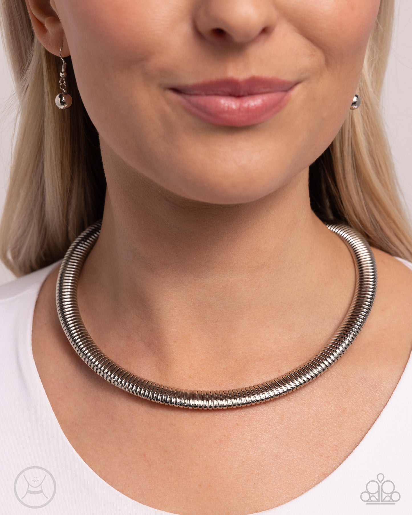 Paparazzi Accessories - Choker of the Century - Silver Necklaces a&nbsp;thick silver herringbone chain loops around the collar for a stunning, stackable display. Features an adjustable clasp closure.  Sold as one individual choker necklace. Includes one pair of matching earrings.