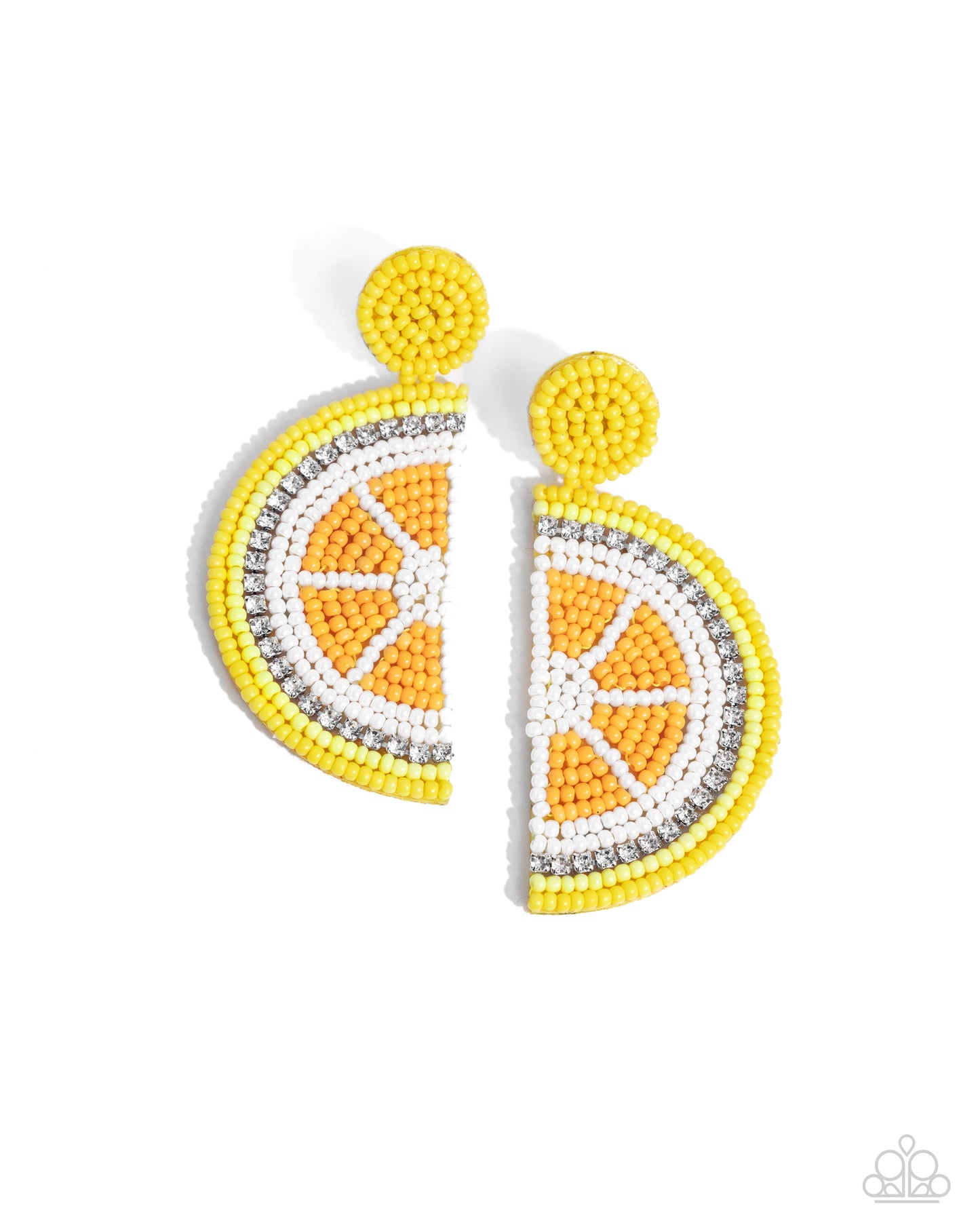 Paparazzi Accessories - Lemon Leader - Yellow Earrings a yellow seed bead post gives way to a lemon-like pendant formed from various yellow and white seed beads. A row of glistening white rhinestones also forms along the rind of the lemon for a touch of sparkle. Earring attaches to a standard post fitting. Sold as one pair of post earrings.