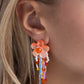 Paparazzi Accessories - Japanese Blossoms - Orange Earrings a&nbsp;frosted orange acrylic flower with a glassy orange center glistens from the ear. Strands of glassy and pearlized turquoise, yellow, apple green, pink, and orange seed beads and white pearls in round and cylindrical shapes flourish from the orange flower, mimicking whimsical vines. Earring attaches to a standard post fitting.  Sold as one pair of post earrings.