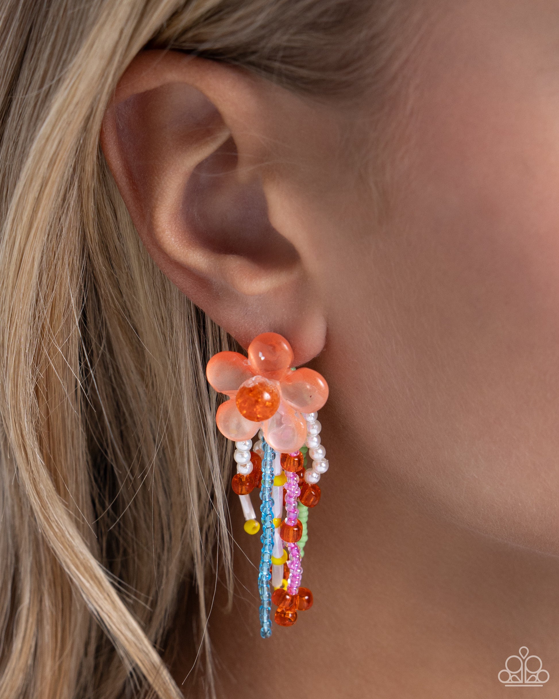 Paparazzi Accessories - Japanese Blossoms - Orange Earrings a&nbsp;frosted orange acrylic flower with a glassy orange center glistens from the ear. Strands of glassy and pearlized turquoise, yellow, apple green, pink, and orange seed beads and white pearls in round and cylindrical shapes flourish from the orange flower, mimicking whimsical vines. Earring attaches to a standard post fitting.  Sold as one pair of post earrings.