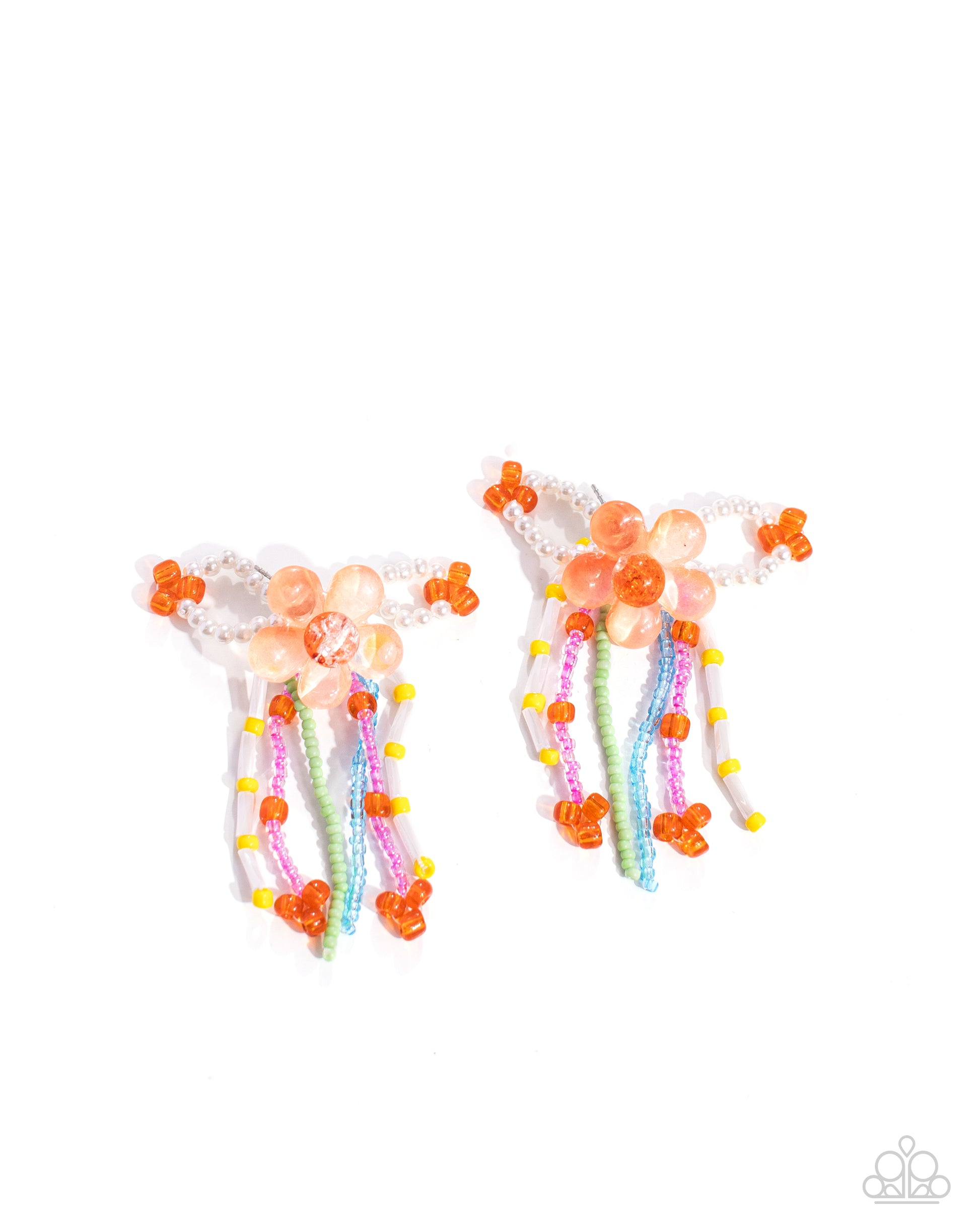 Paparazzi Accessories - Japanese Blossoms - Orange Earrings a&nbsp;frosted orange acrylic flower with a glassy orange center glistens from the ear. Strands of glassy and pearlized turquoise, yellow, apple green, pink, and orange seed beads and white pearls in round and cylindrical shapes flourish from the orange flower, mimicking whimsical vines. Earring attaches to a standard post fitting.  Sold as one pair of post earrings.