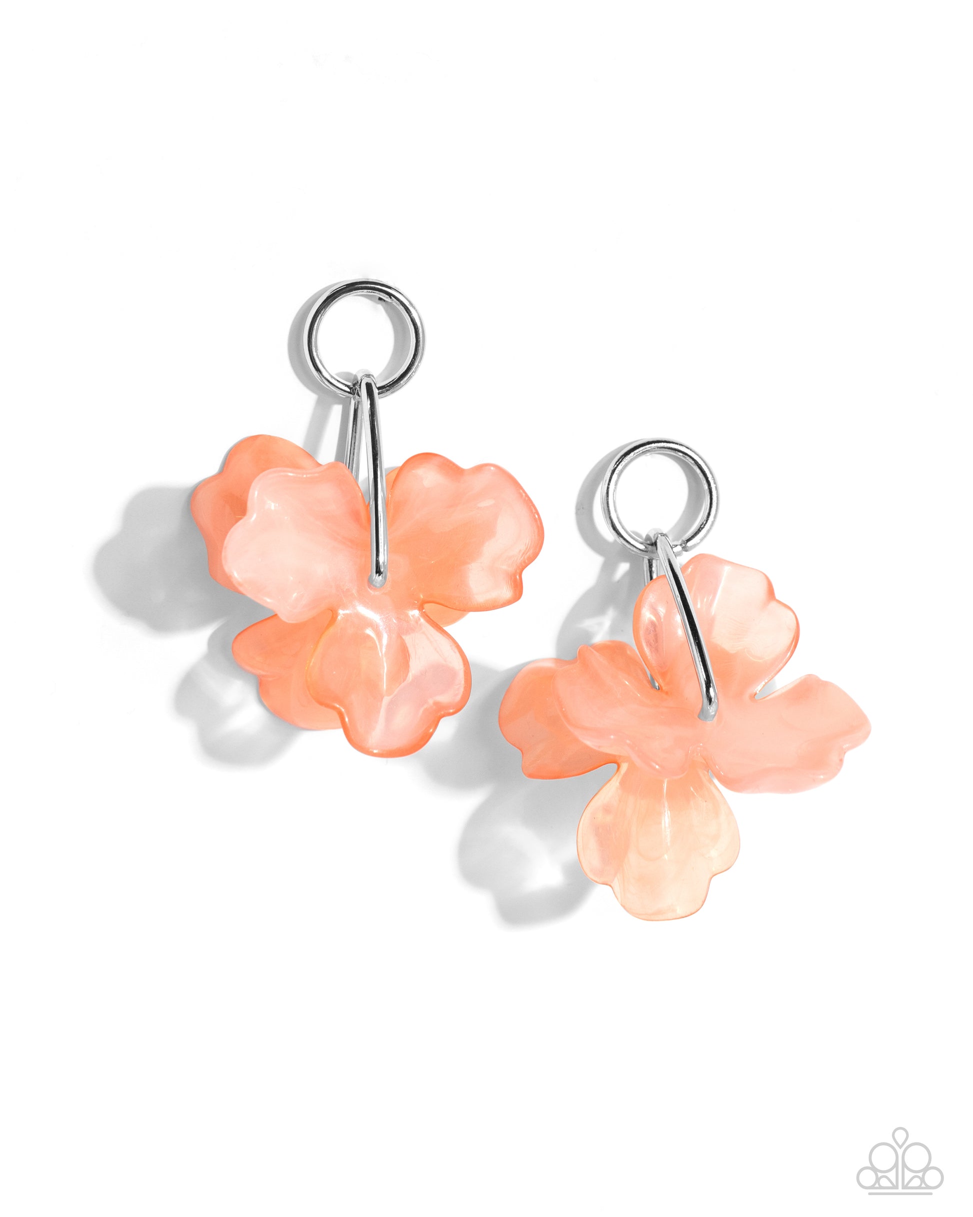 high-sheen silver hoop gives way to acrylic orange and Desert Flower flowers that are threaded through the center of a hoop by a silver attachment for a whimsical, fun pop of color along the ear. Earring attaches to a standard post fitting.  Sold as one pair of post earrings.