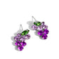 Pronged in silver fittings, a collection of round light purple rhinestones fade to darker purple rhinestones with a solitaire green marquise-cut leaf for an ombré, glittery grape-inspired display. Earring attaches to a standard post fitting.  Sold as one pair of post earrings.