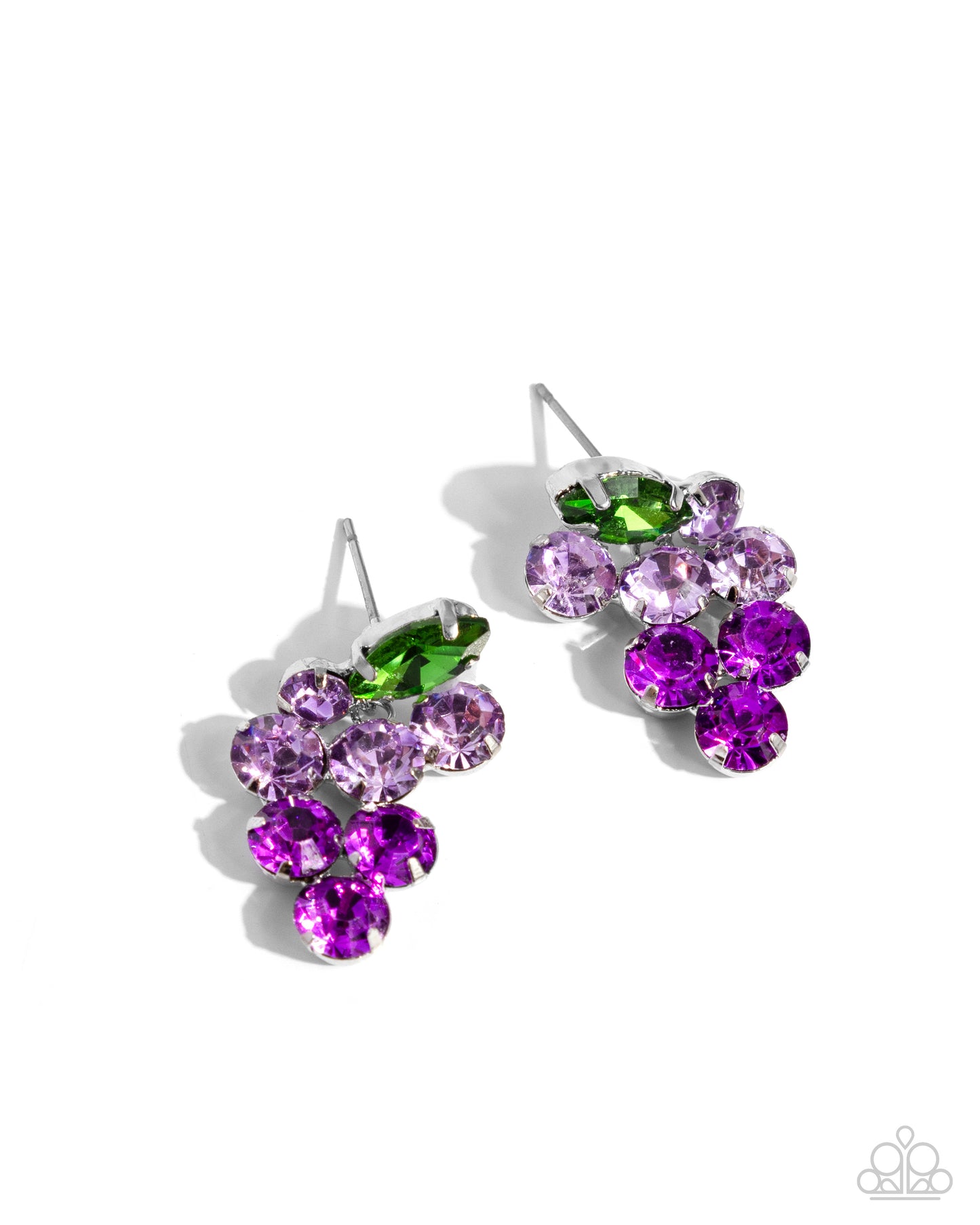 Pronged in silver fittings, a collection of round light purple rhinestones fade to darker purple rhinestones with a solitaire green marquise-cut leaf for an ombré, glittery grape-inspired display. Earring attaches to a standard post fitting.  Sold as one pair of post earrings.