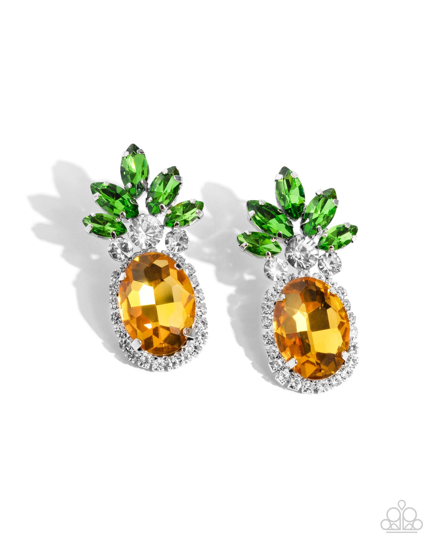 Featuring a pineapple motif, a collection of green marquise-cut faceted gems, white gems, dainty white rhinestones, and silver-pronged yellow oval gems creates a summery statement at the ear. Earring attaches to a standard post fitting.  Sold as one pair of post earrings.