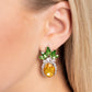 Featuring a pineapple motif, a collection of green marquise-cut faceted gems, white gems, dainty white rhinestones, and silver-pronged yellow oval gems creates a summery statement at the ear. Earring attaches to a standard post fitting.  Sold as one pair of post earrings.