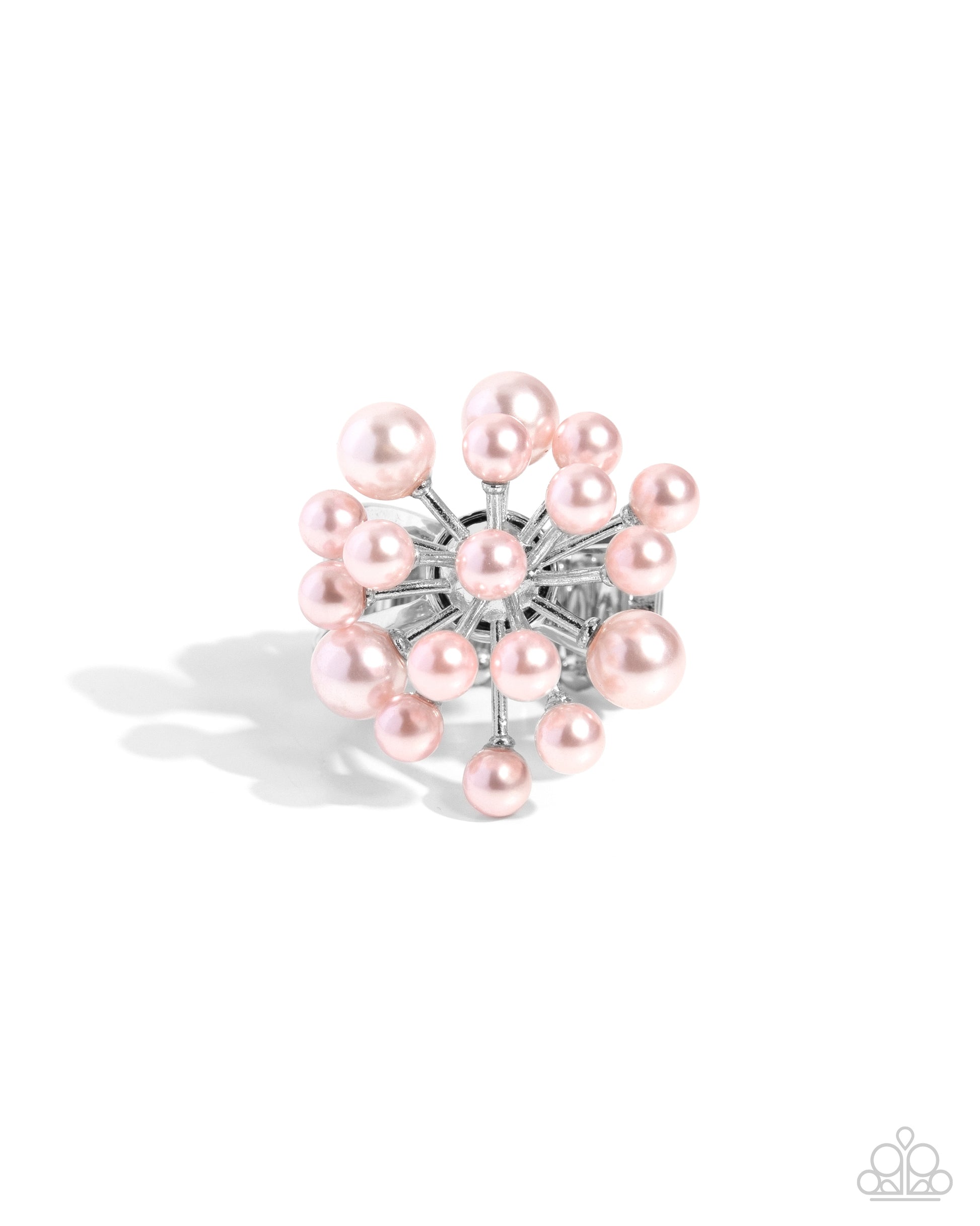 Paparazzi Accessories - Bubbly Beau - Pink Rings featuring a floral, fanned-out pattern, a collection of glossy baby pink pearls bloom and extend out on dainty silver rods from a pearly center atop the finger. Features a stretchy band for a flexible fit.  Sold as one individual ring.
