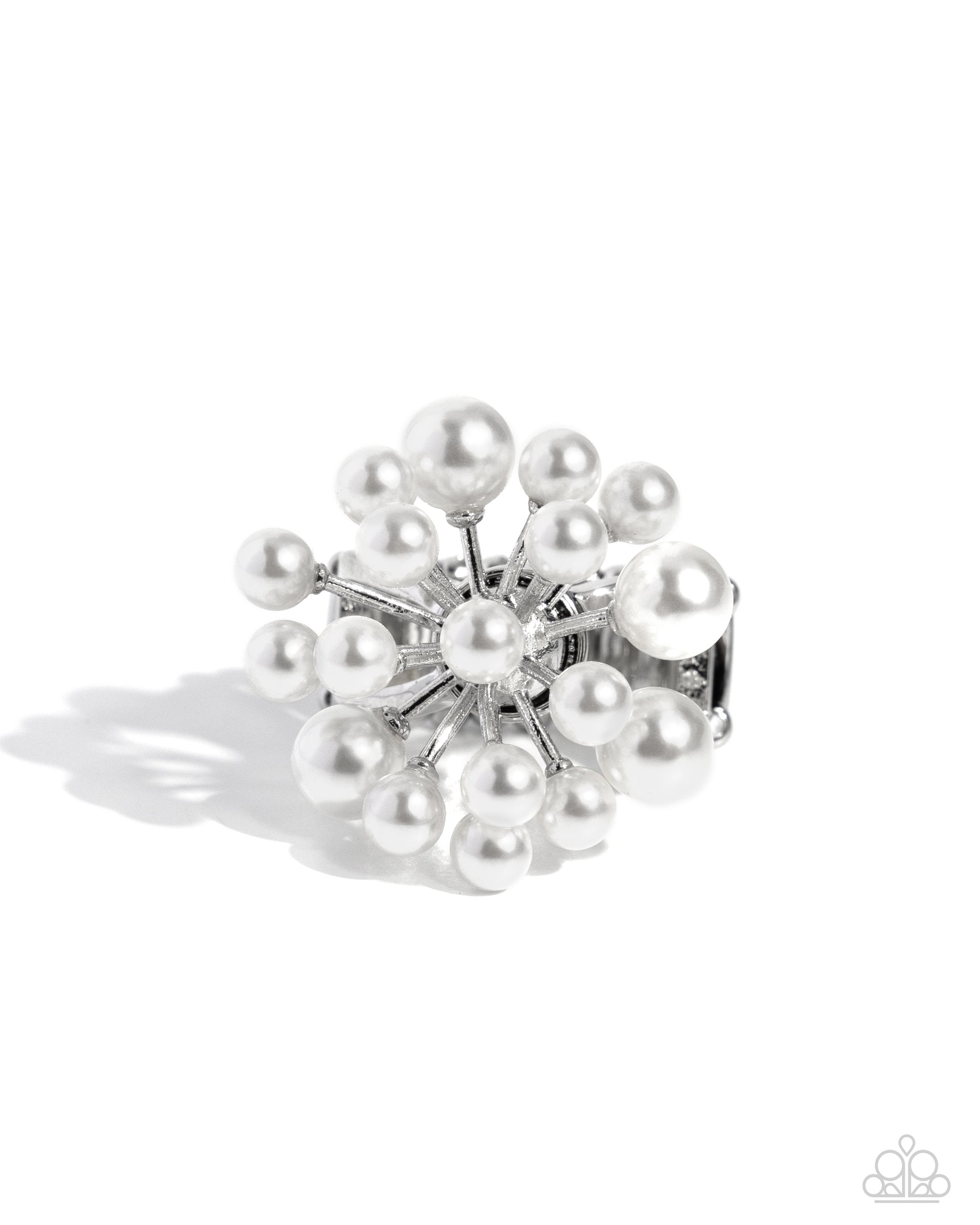 Featuring a floral, fanned-out pattern, a collection of glossy white pearls bloom and extend out on dainty silver rods from a pearly center atop the finger. Features a stretchy band for a flexible fit.  Sold as one individual ring.