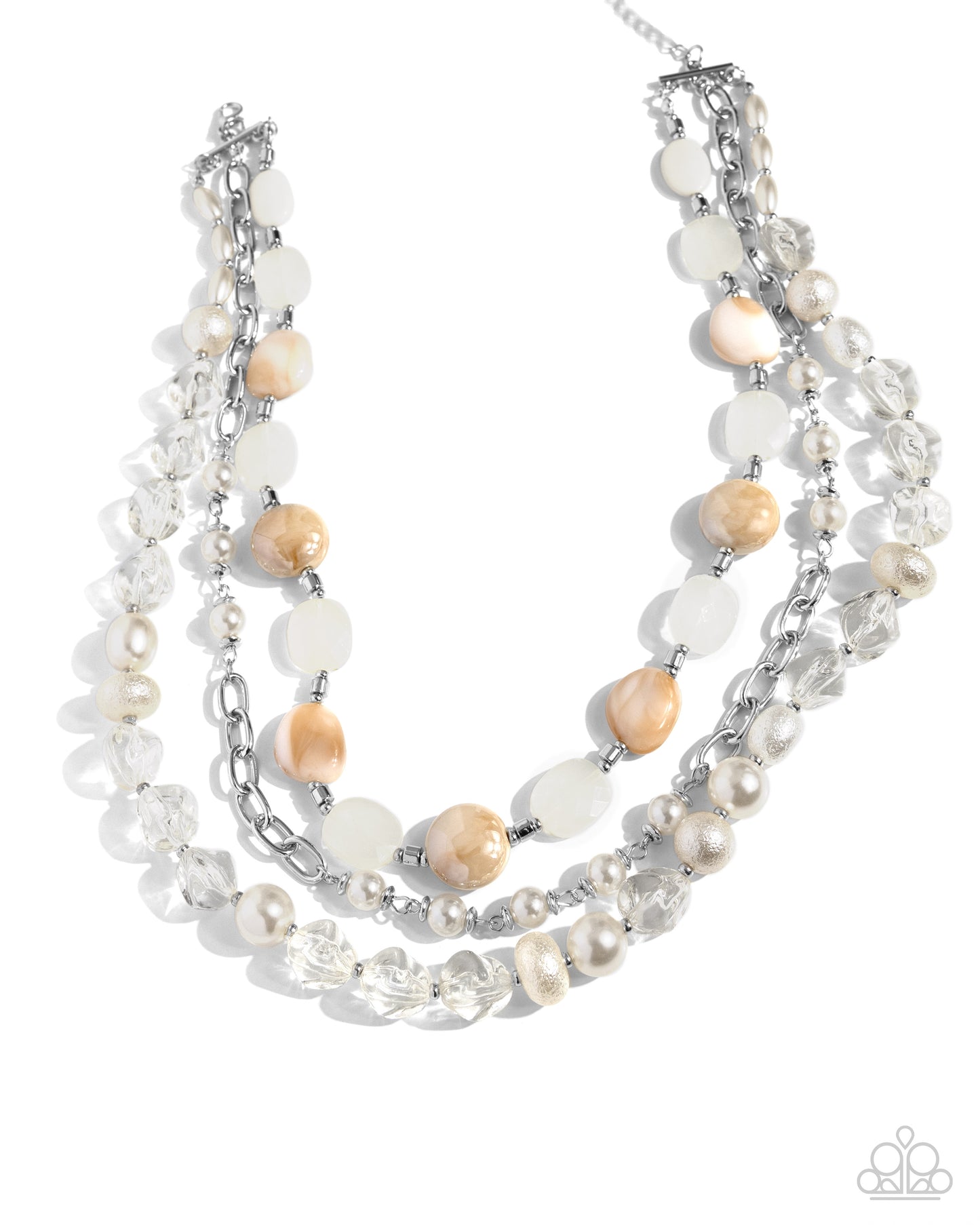 collection of clear, pearl, and textured white and ivory beads combine with silver paperclip chain links, silver beads, ivory beads in various opacities, and brown-swirl patterned reflective beads along the neckline in layers for an everyday elegant look. Features an adjustable clasp closure.  Sold as one individual necklace. Includes one pair of matching earrings.