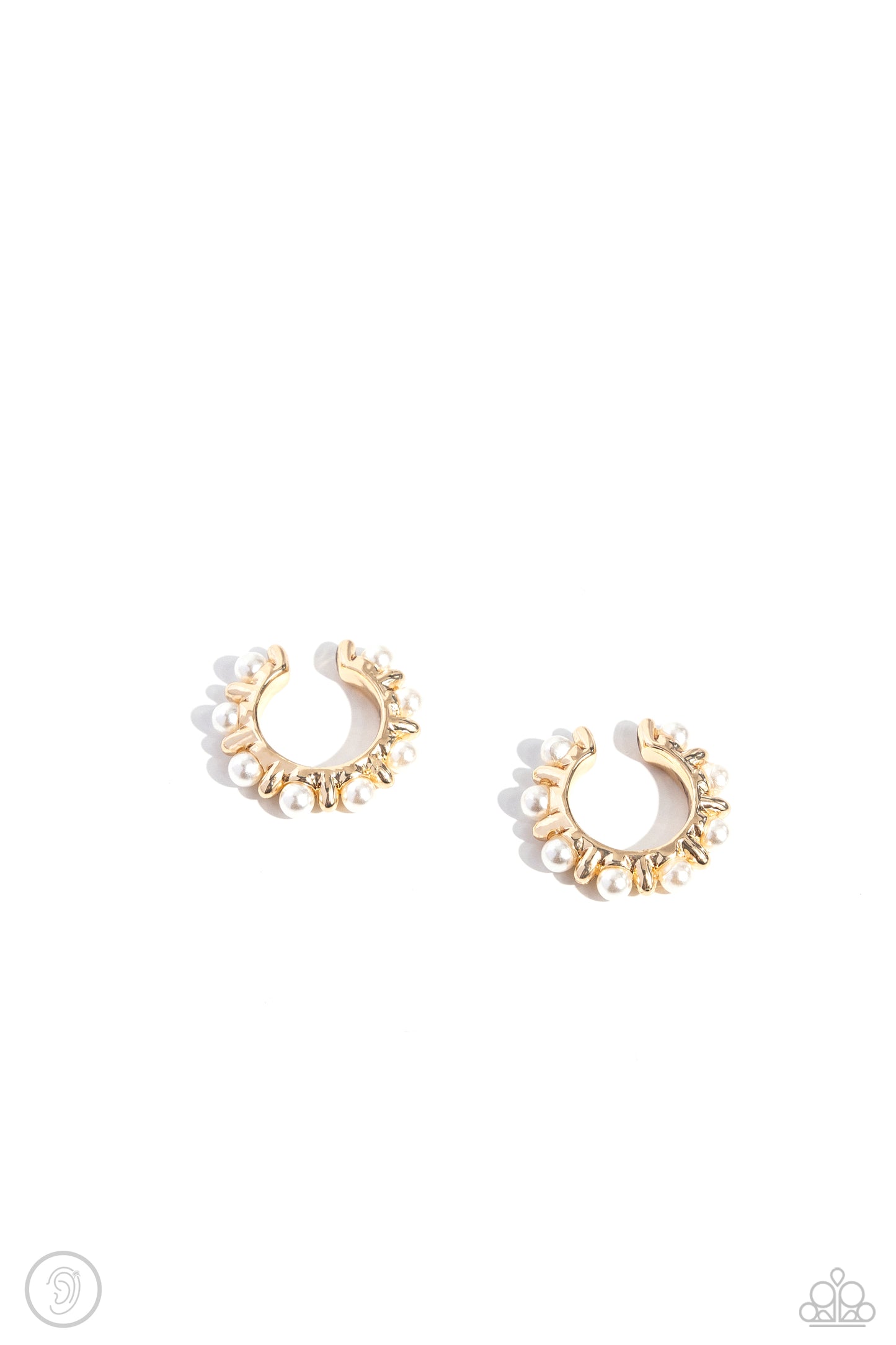 <p>Paparazzi Accessories - Bubbly Basic - Gold Pearl Ear Cuffs Glossy white pearls alternate with high-sheen gold spikes that curl around the ear in a refined pattern, creating an adjustable, one-size-fits-all cuff.</p> <div>Sold as one pair of cuff earrings.</div>