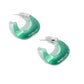 Connected to a silver cap fitting, a transparent, abstract mint hoop curls around the ear for a chic clear look. Earring attaches to a standard post fitting. Hoop measures approximately 1" in diameter.  Sold as one pair of hoop earrings.