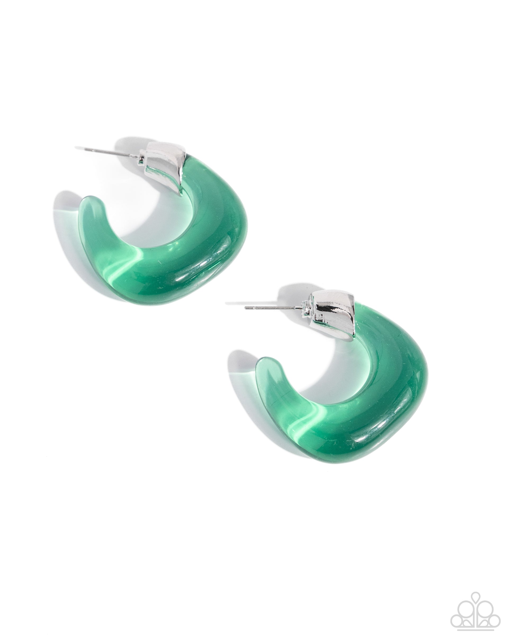 Connected to a silver cap fitting, a transparent, abstract mint hoop curls around the ear for a chic clear look. Earring attaches to a standard post fitting. Hoop measures approximately 1" in diameter.  Sold as one pair of hoop earrings.