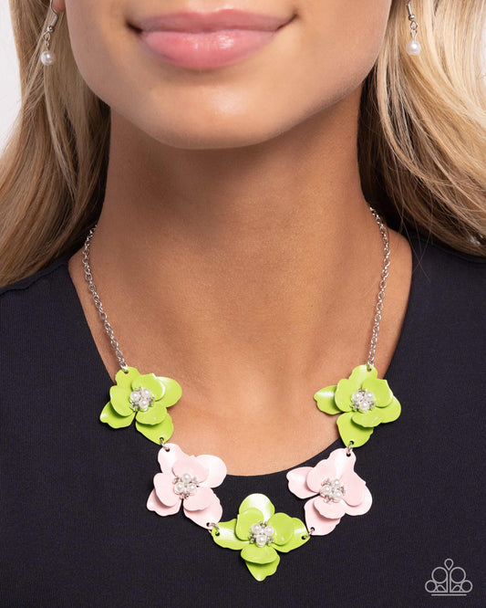 Paparazzi Accessories - Pastel Pizazz - Green Necklaces featuring a trio of glossy white pearls and silver studded centers, a collection of light pink and apple green-painted flowers alternate below the neckline from a dainty silver chain for a pastel-inspired pattern of whimsy. Features an adjustable clasp closure.  Sold as one individual necklace. Includes one pair of matching earrings.