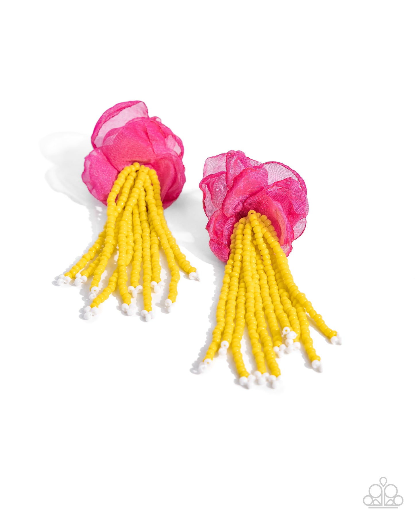 Paparazzi Accessories - Cinderella Charisma - Multi Earrings a dainty, hot pink tulle ribbon arranges into a beautiful floral centerpiece, giving way to copious strands of bright yellow seed beads for a fairytale-inspired look. Bright white seed beads cap each end of the yellow beaded strands for a final flourish of color. Earring attaches to a standard post fitting.  Sold as one pair of post earrings.