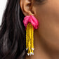 Paparazzi Accessories - Cinderella Charisma - Multi Earrings a dainty, hot pink tulle ribbon arranges into a beautiful floral centerpiece, giving way to copious strands of bright yellow seed beads for a fairytale-inspired look. Bright white seed beads cap each end of the yellow beaded strands for a final flourish of color. Earring attaches to a standard post fitting.  Sold as one pair of post earrings.