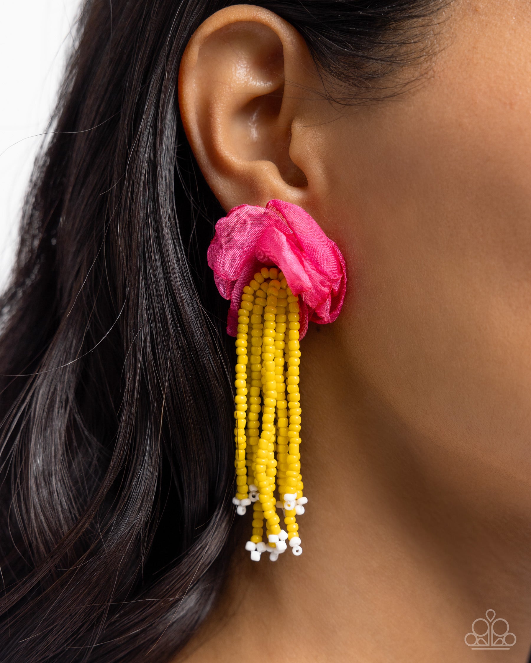 Paparazzi Accessories - Cinderella Charisma - Multi Earrings a dainty, hot pink tulle ribbon arranges into a beautiful floral centerpiece, giving way to copious strands of bright yellow seed beads for a fairytale-inspired look. Bright white seed beads cap each end of the yellow beaded strands for a final flourish of color. Earring attaches to a standard post fitting.  Sold as one pair of post earrings.