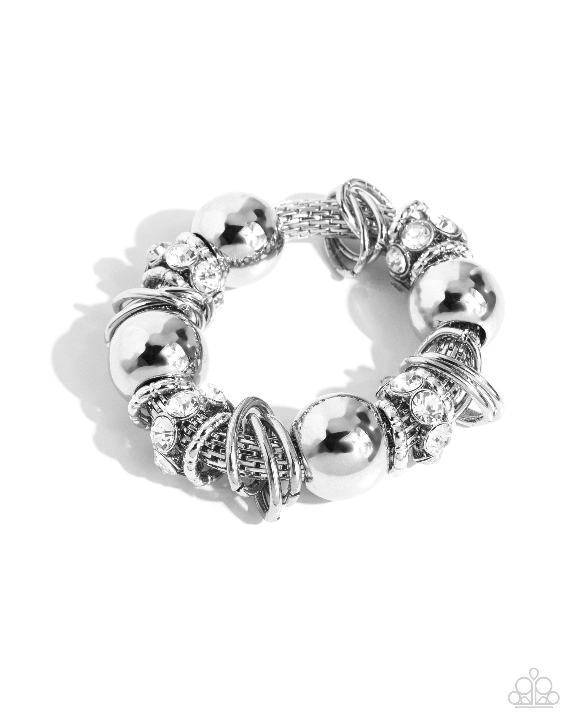 Paparazzi Accessories - Coiled Confidence - Silver Bracelets infused along an industrial abstract stretchy chain, a collection of interlocking silver rings, oversized silver beads, and white gem-encrusted silver accents twists and coils along the wrist for a charismatically confident look.  Sold as one individual bracelet.