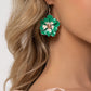 Featuring a border of white rhinestones, an emerald-cut light peach gem glimmers from the center of a Mint and white-patterned tropical flower. A larger Mint flower blooms and frames the shimmery flower for a three-dimensional finish. Earring attaches to a standard fishhook fitting.  Sold as one pair of earrings.