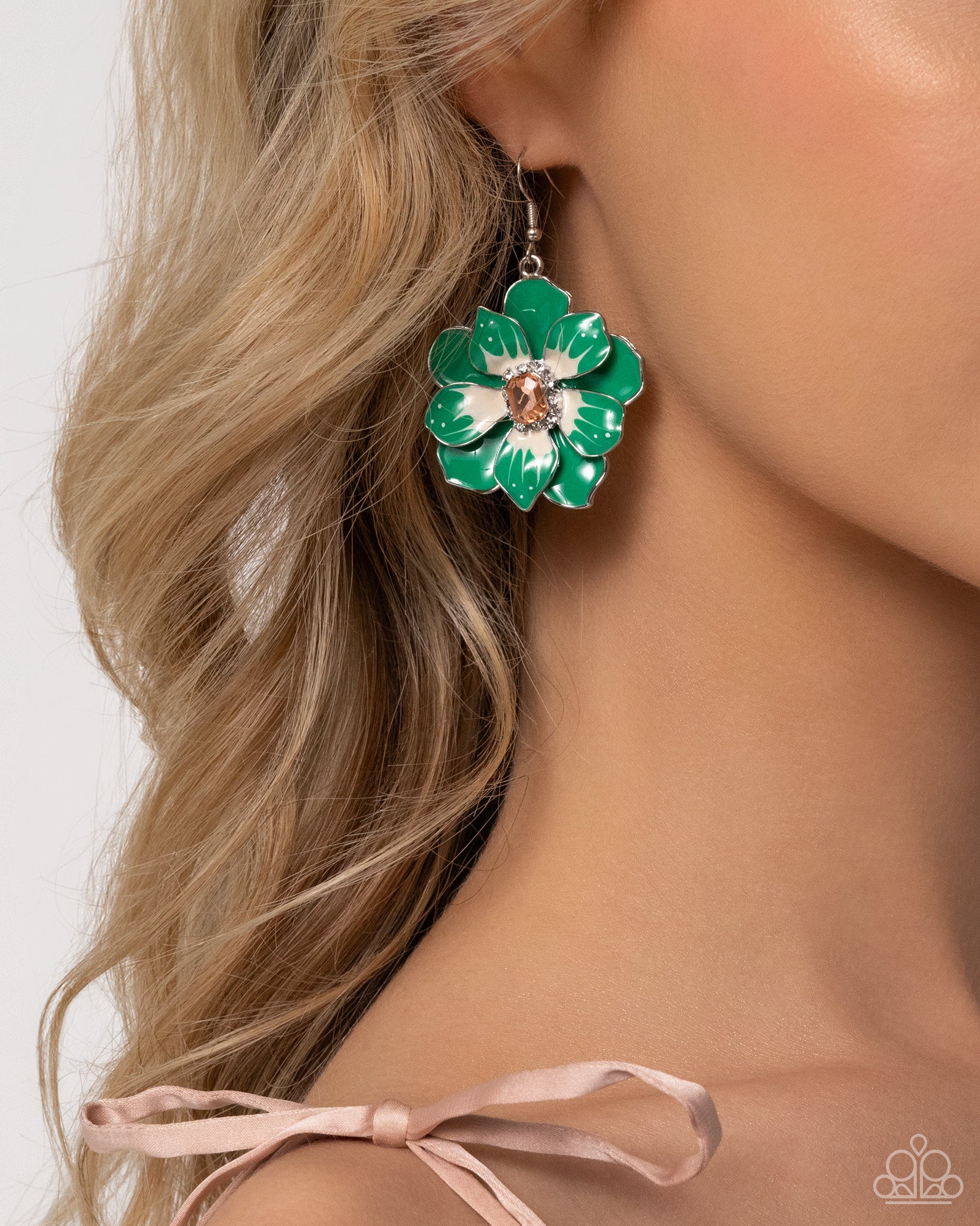 Featuring a border of white rhinestones, an emerald-cut light peach gem glimmers from the center of a Mint and white-patterned tropical flower. A larger Mint flower blooms and frames the shimmery flower for a three-dimensional finish. Earring attaches to a standard fishhook fitting.  Sold as one pair of earrings.