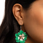 Featuring a border of white rhinestones, an emerald-cut light peach gem glimmers from the center of a Mint and white-patterned tropical flower. A larger Mint flower blooms and frames the shimmery flower for a three-dimensional finish. Earring attaches to a standard fishhook fitting.  Sold as one pair of earrings.