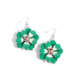 Featuring a border of white rhinestones, an emerald-cut light peach gem glimmers from the center of a Mint and white-patterned tropical flower. A larger Mint flower blooms and frames the shimmery flower for a three-dimensional finish. Earring attaches to a standard fishhook fitting.  Sold as one pair of earrings.