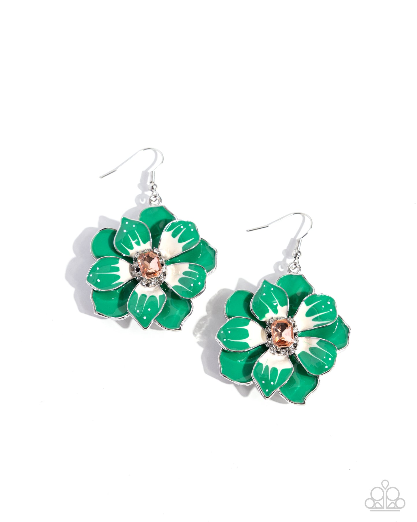 Featuring a border of white rhinestones, an emerald-cut light peach gem glimmers from the center of a Mint and white-patterned tropical flower. A larger Mint flower blooms and frames the shimmery flower for a three-dimensional finish. Earring attaches to a standard fishhook fitting.  Sold as one pair of earrings.