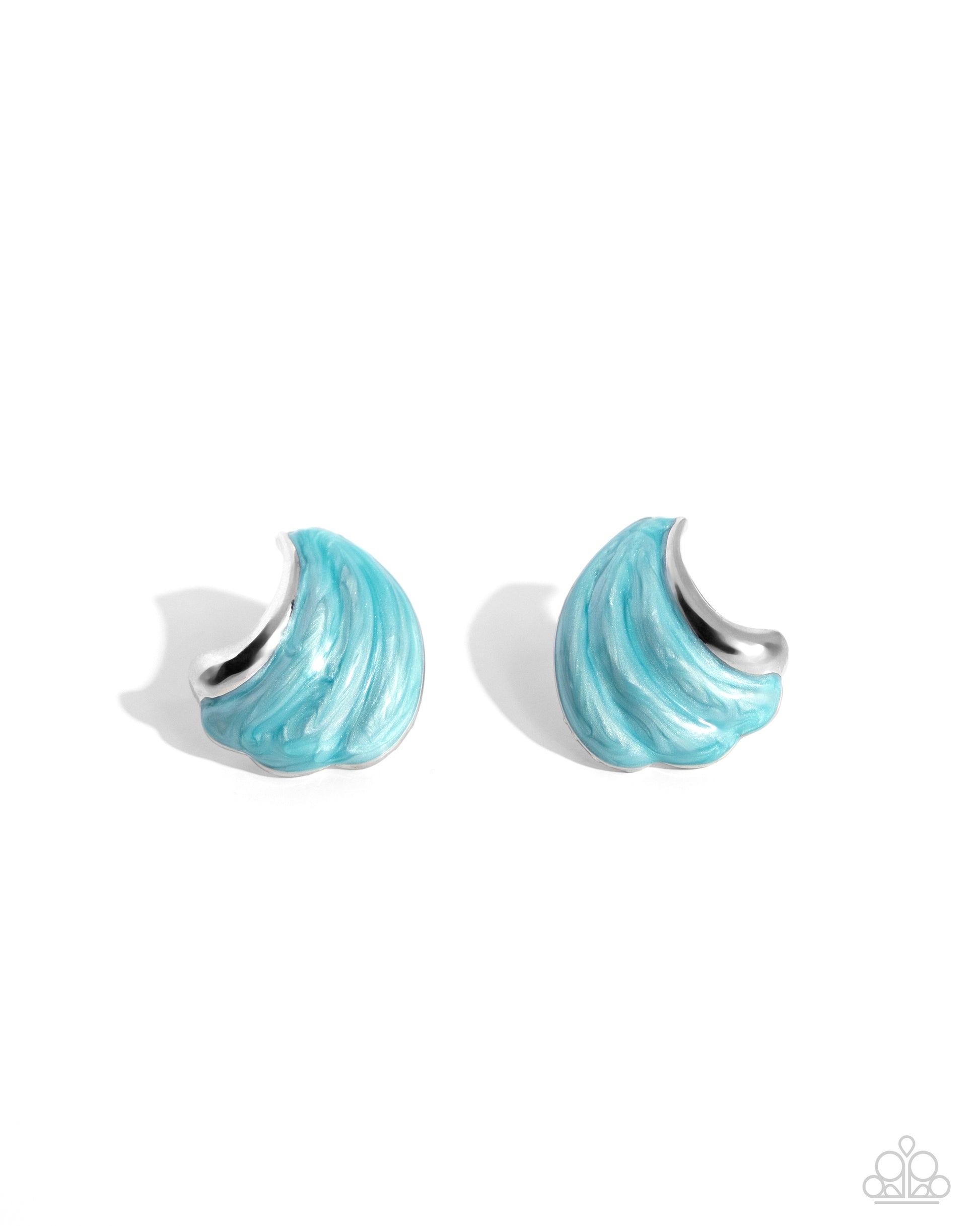 Paparazzi Accessories - Whimsical Waves - Blue Earrings featuring a Capri pearlized paint, textured silver bars curl up towards the ear in an ocean wave-like manner for a coastal centerpiece. Earring attaches to a standard post fitting.  Sold as one pair of post earrings.