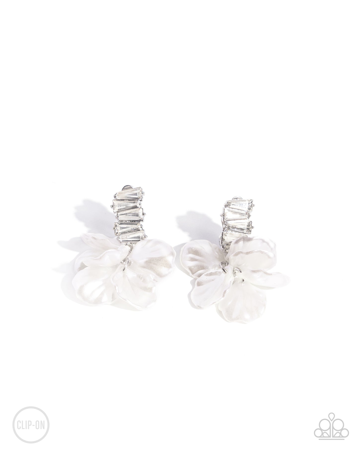 White emerald-cut gems haphazardly stack on top of one another for a timeless, geometric radiance along the ear giving way to a collection of scalloped white pearl petals that cascade in a refined array. Earring attaches to a standard clip-on fitting.

Sold as one pair of clip-on earrings.