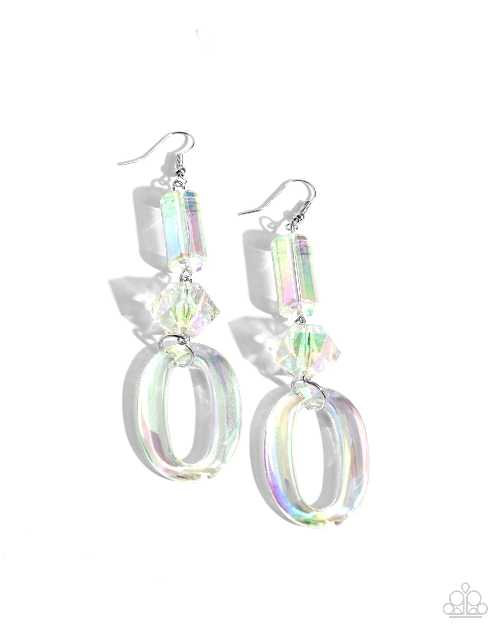 <p>Paparazzi Accessories - Iridescent Infatuation - Multi Earrings featuring an iridescent hue, a cylindrical bead, a highly-faceted chunky bead, and an oversized oval elongate down the ear for a reflective, radiant display. Earring attaches to a standard fishhook fitting. Due to its prismatic palette, color may vary.</p> <p><i>Sold as one pair of earrings.</i></p>