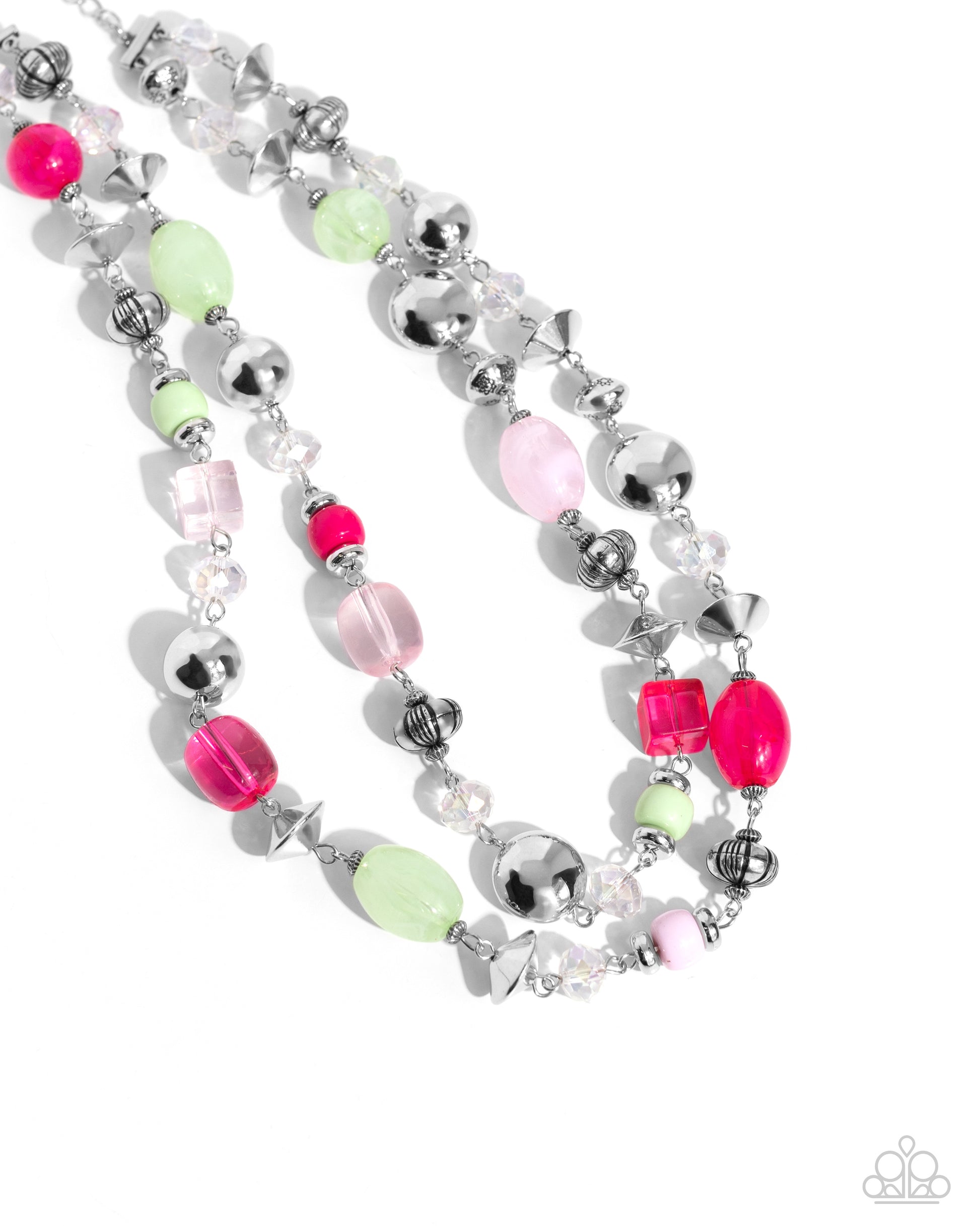 Paparazzi Accessories - Playful Past - Pink Necklaces featuring a variety of opacities, a collection of Pink Peacock, light pink, and Mint beads join various textured silver beads and faceted iridescent beads along the neckline in two layers for a playfully, colorful look. Features an adjustable clasp closure. Due to its prismatic palette, color may vary.  Sold as one individual necklace. Includes one pair of matching earrings.