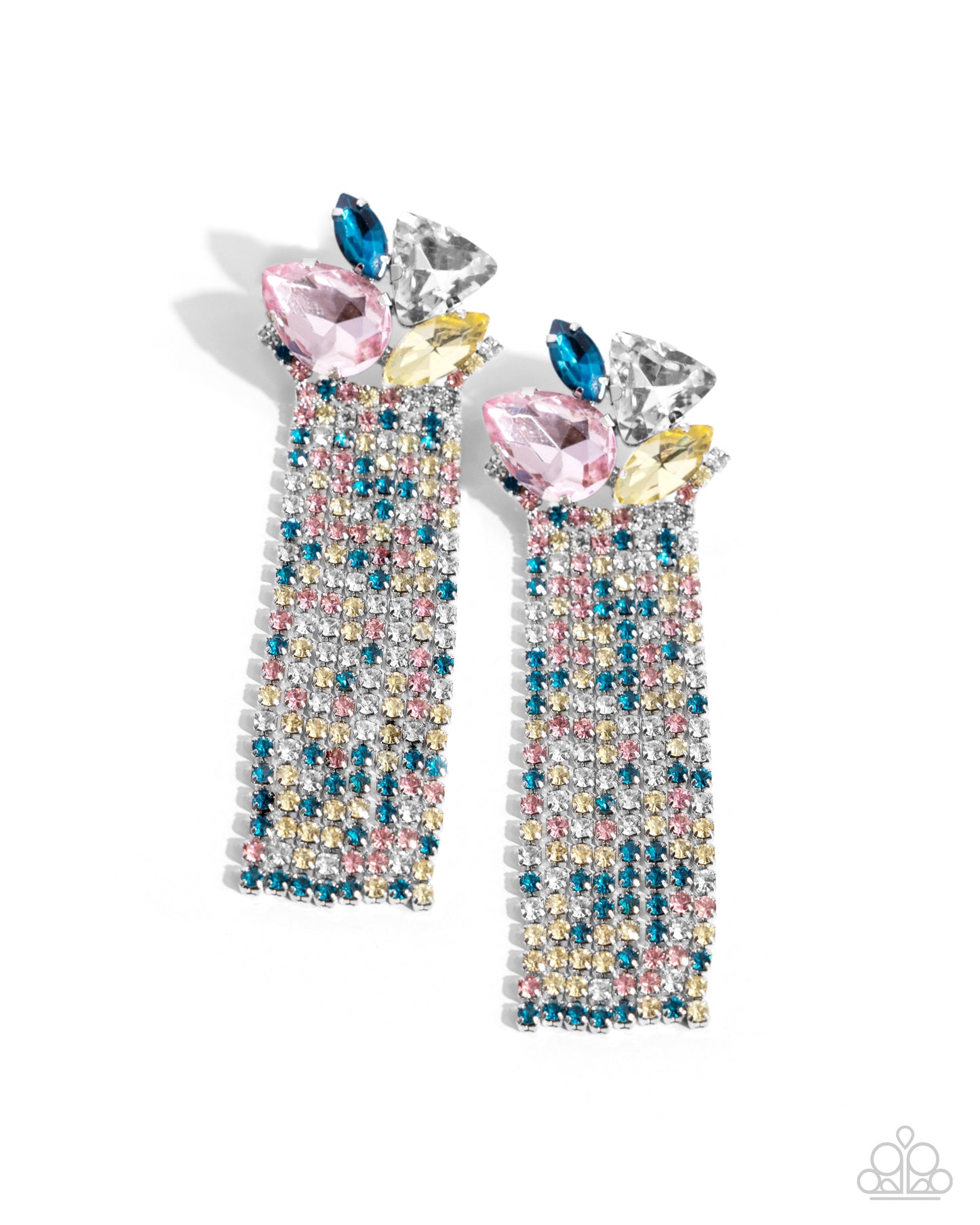 Paparazzi Accessories - Blinding Blend - Multi Earrings featuring square silver fittings, a fringe of glittery light rose, blue zircon, yellow, and white rhinestones streams out from the bottom of a collection of silver-pronged gems. A light rose teardrop, marquise-cut blue zircon and yellow gems, and a triangle-cut white gem fan out along the ear for a dramatic dazzle. Earring attaches to a standard post fitting.  Sold as one pair of post earrings.