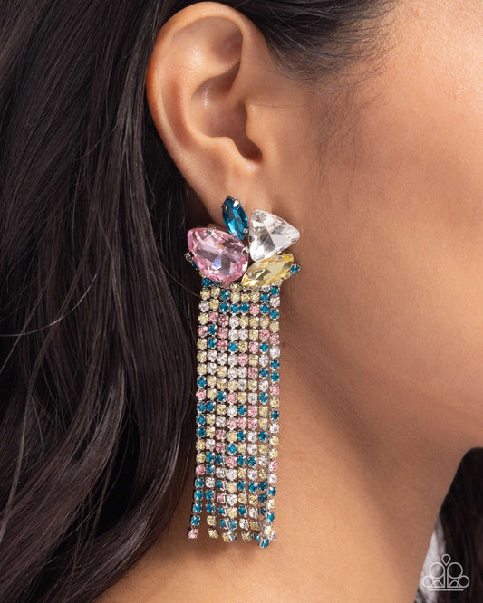 Paparazzi Accessories - Blinding Blend - Multi Earrings featuring square silver fittings, a fringe of glittery light rose, blue zircon, yellow, and white rhinestones streams out from the bottom of a collection of silver-pronged gems. A light rose teardrop, marquise-cut blue zircon and yellow gems, and a triangle-cut white gem fan out along the ear for a dramatic dazzle. Earring attaches to a standard post fitting.  Sold as one pair of post earrings.
