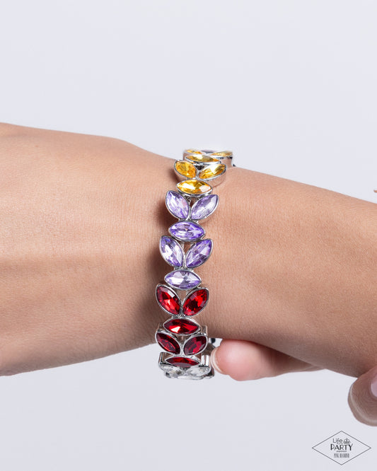 Paparazzi Accessories - Gilded Gardens - Multi Bracelets trios of elegant marquise multicolored rhinestones delicately join into leafy silver frames along a stretchy band, creating a refined display around the wrist.  Sold as one individual bracelet.
