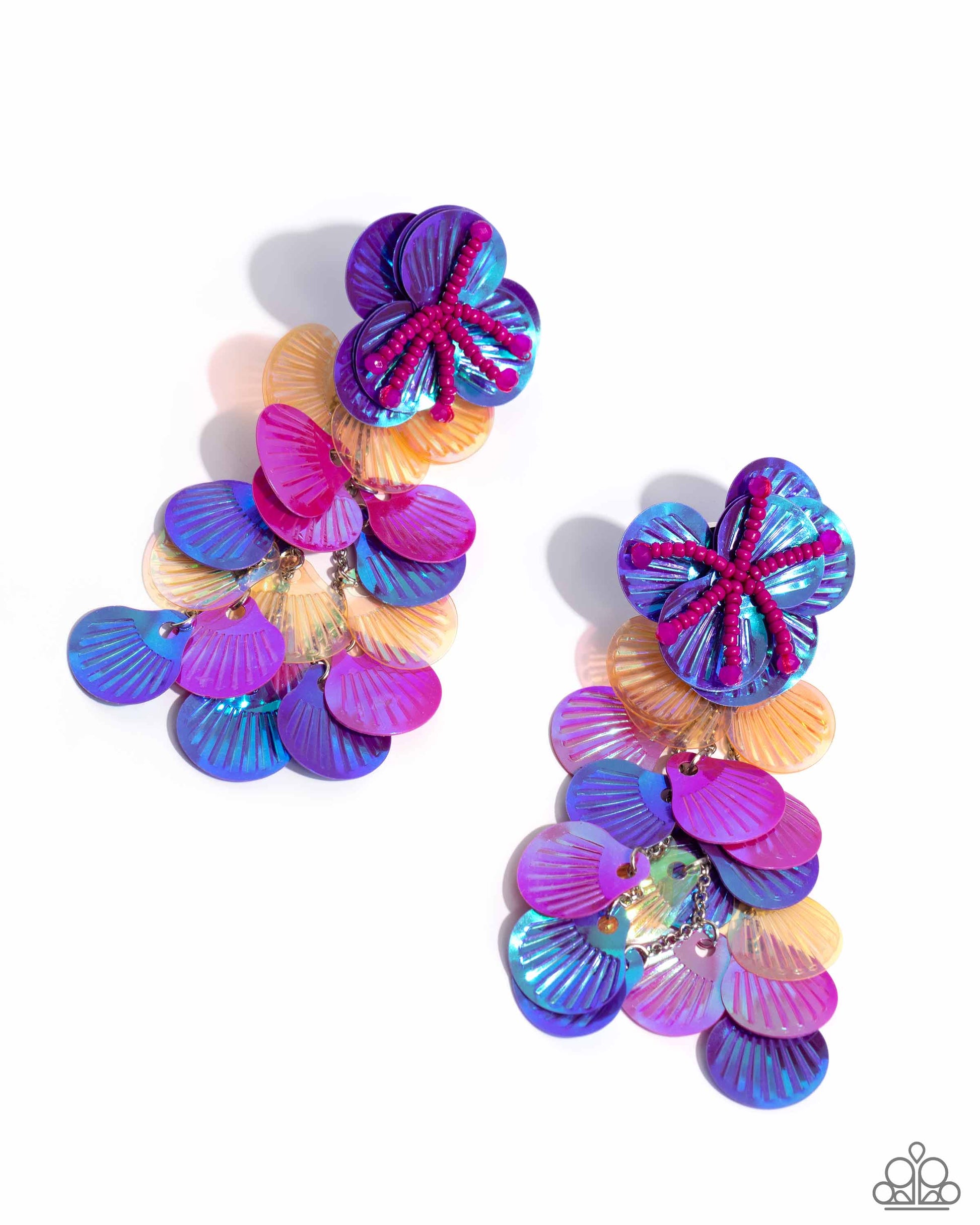 Featuring an iridescent hue, a collection of purple, pink, and orange sequins cascade from a collection of purple sequins that flourish from a hot pink seed beaded starfish for a coastal, chic look. Earring attaches to a standard post fitting. Due to its prismatic palette, color may vary.  Sold as one pair of post earrings.