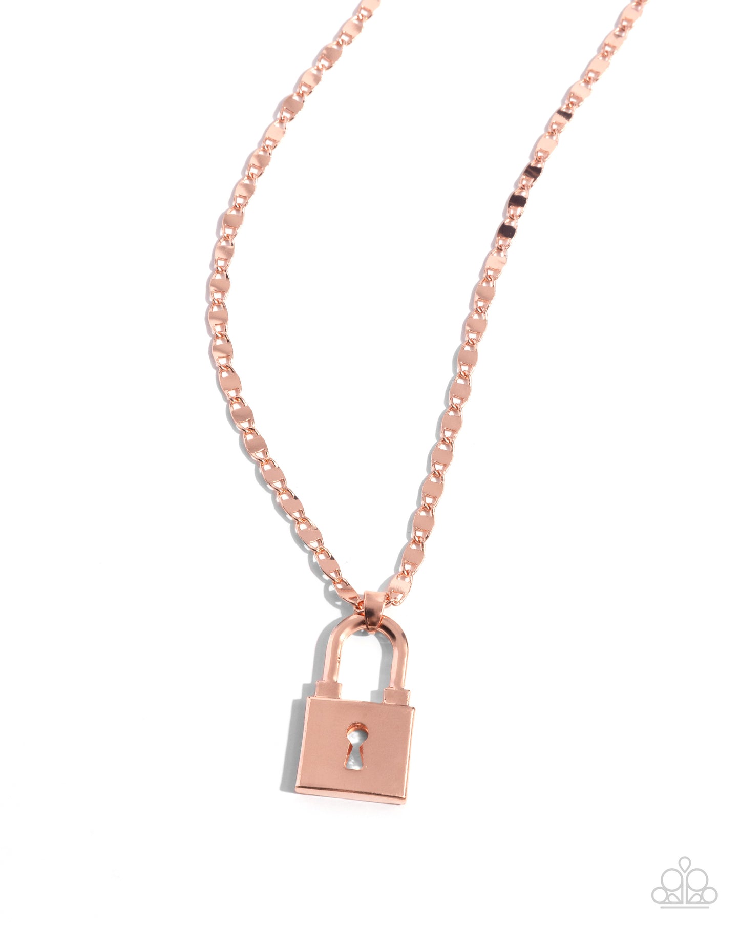 <p data-mce-fragment="1">Gliding along a shiny copper abstract chain, a shiny copper padlock pendant reflects light off its surface below the neckline for a simple statement. Features an adjustable clasp closure.</p> <p data-mce-fragment="1"><i data-mce-fragment="1">Sold as one individual necklace. Includes one pair of matching earrings.</i></p>