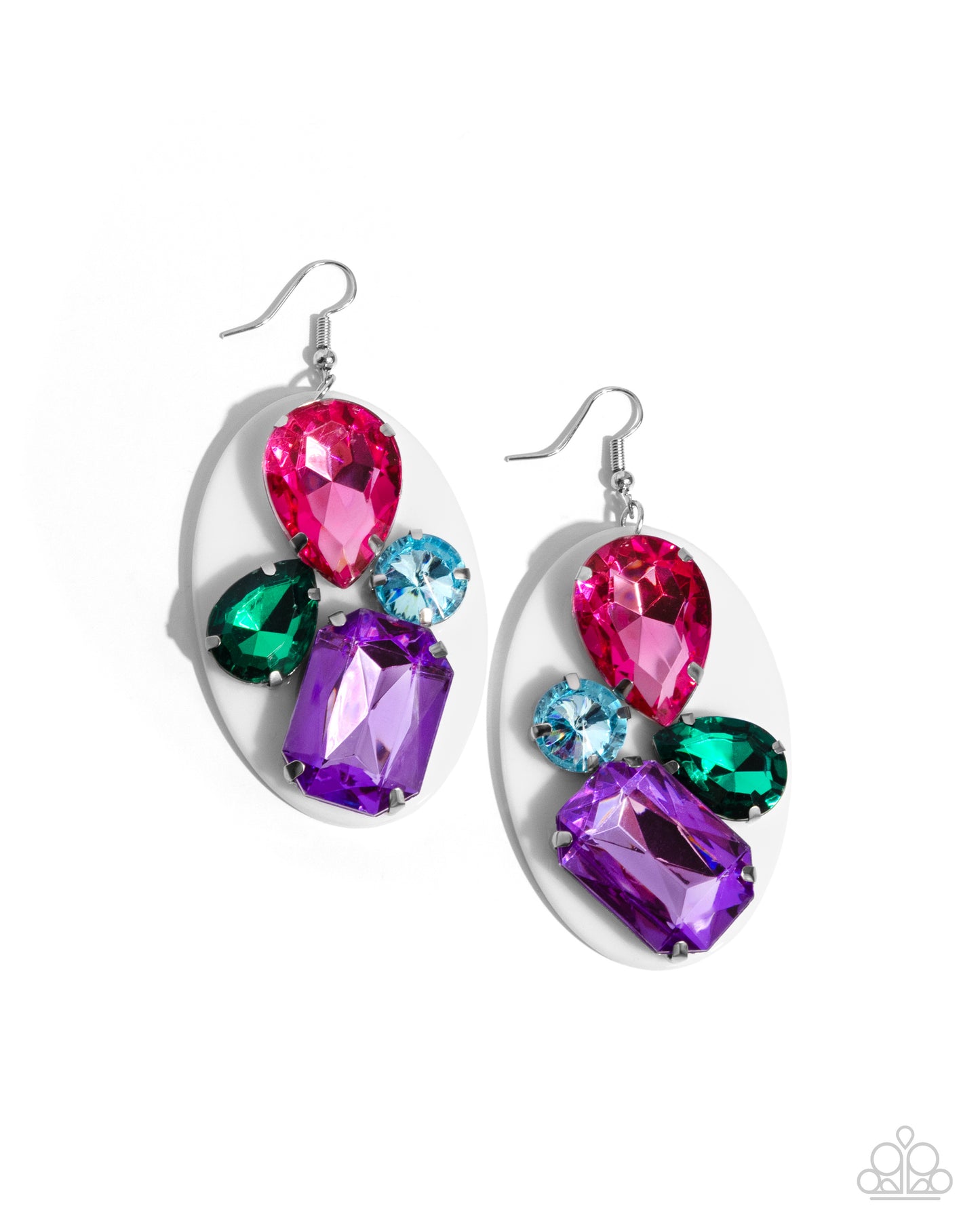 Pronged in place along a white acrylic oval in silver, multicolored faceted gems in varying sizes and teardrop, round, and emerald cuts cascades below the ear for an attention-grabbing display. Earring attaches to a standard fishhook fitting.  Sold as one pair of earrings.