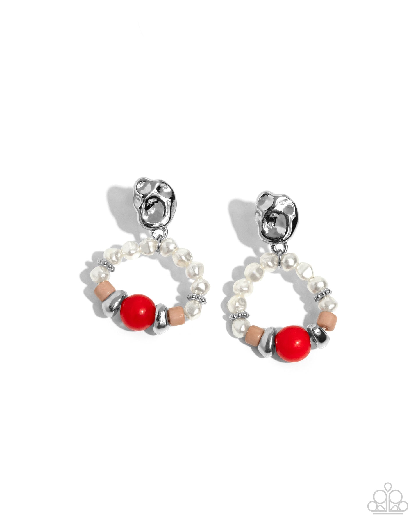 Earrings infused along a dainty wire, a collection of glossy baroque white pearls, silver floral beads, silver pebbles, a solitaire red bead, and Brush beads pattern in an artistic wreath below an abstract twist of silver from the ear for a pop of fun color. Earring attaches to a standard post fitting.  Sold as one pair of post earrings.