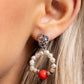 Earrings infused along a dainty wire, a collection of glossy baroque white pearls, silver floral beads, silver pebbles, a solitaire red bead, and Brush beads pattern in an artistic wreath below an abstract twist of silver from the ear for a pop of fun color. Earring attaches to a standard post fitting.  Sold as one pair of post earrings.