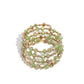 Brushed in a UV coating, reflective faceted green beads, green beads, gold beads, and white rhinestones in square fittings are threaded along a coiled wire, creating a refined infinity wrap-style bracelet around the wrist.  Sold as one individual bracelet.