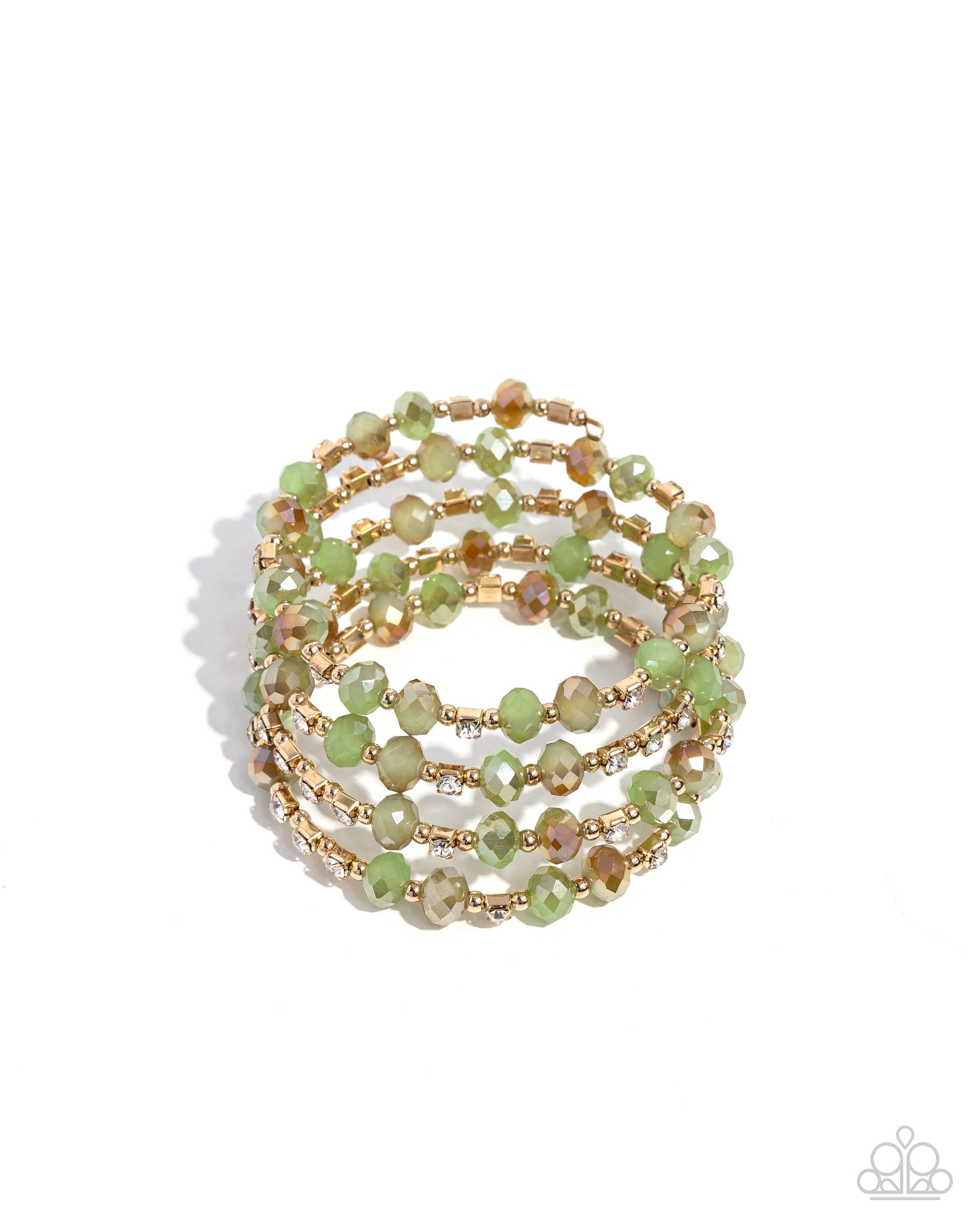 Brushed in a UV coating, reflective faceted green beads, green beads, gold beads, and white rhinestones in square fittings are threaded along a coiled wire, creating a refined infinity wrap-style bracelet around the wrist.  Sold as one individual bracelet.