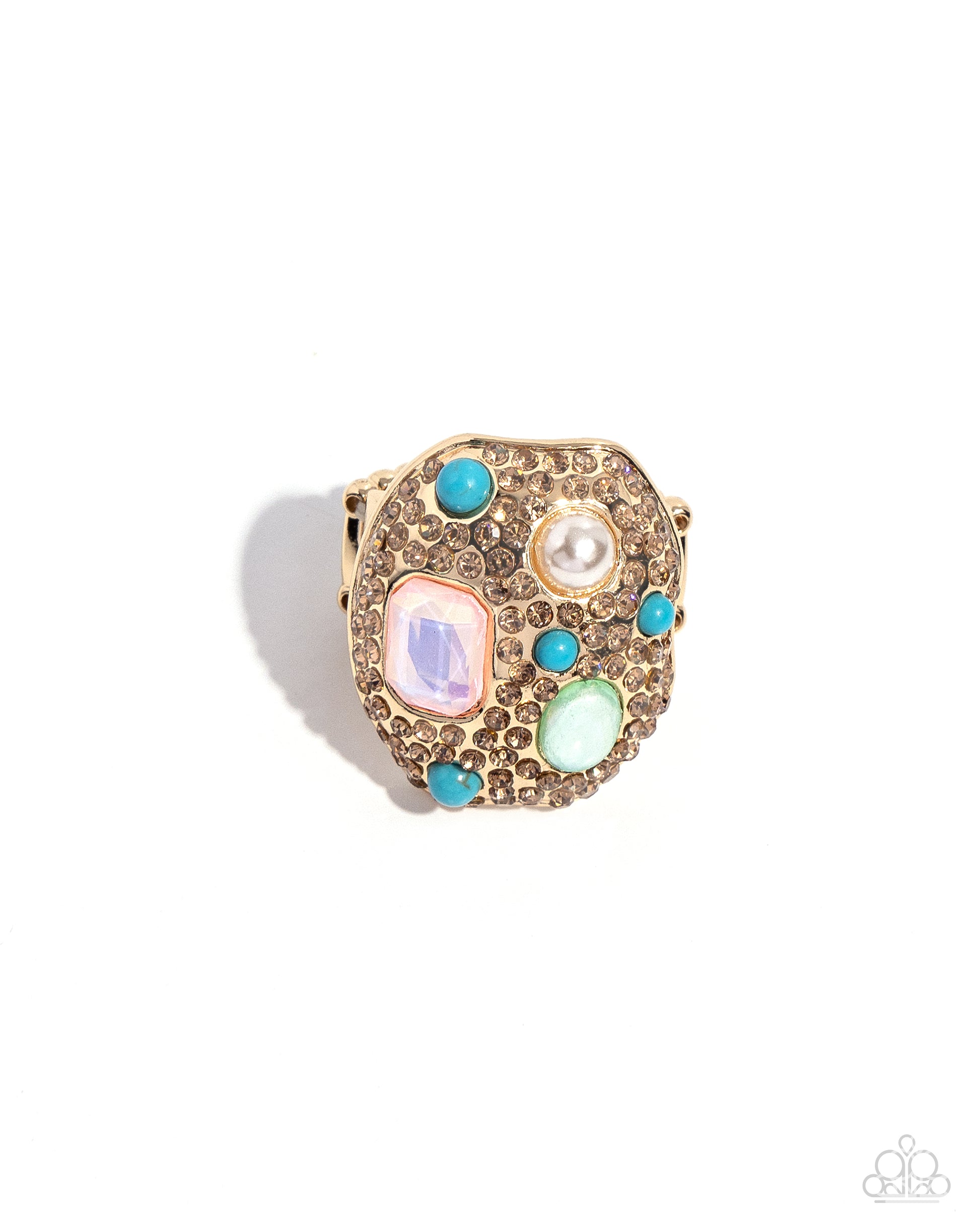 Paparazzi Accessories - Active Artistry - Gold Rings embellished light-colored topaz rhinestones, an oval abstract gold ring glitters atop the finger. Turquoise beads, a white pearl, an emerald-cut pink iridescent gem, and a green opalescent oval bead create additional color and shine. Features a stretchy band for a flexible fit. Due to its prismatic palette, color may vary. Sold as one individual ring.
