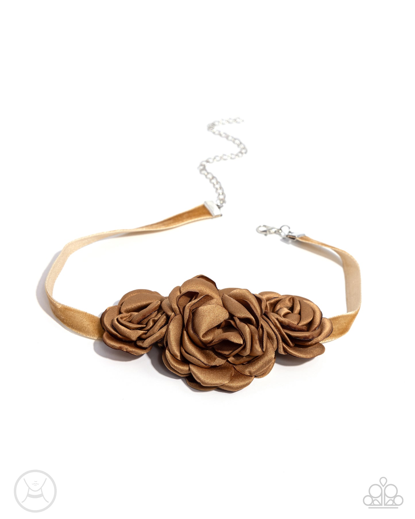 Light brown satin petals form into a decadent trio of rosettes atop a sleek satin ribbon in the same hue along the collar for a whimsical display. Features an adjustable clasp closure.  Sold as one individual choker necklace. Includes one pair of matching earrings.