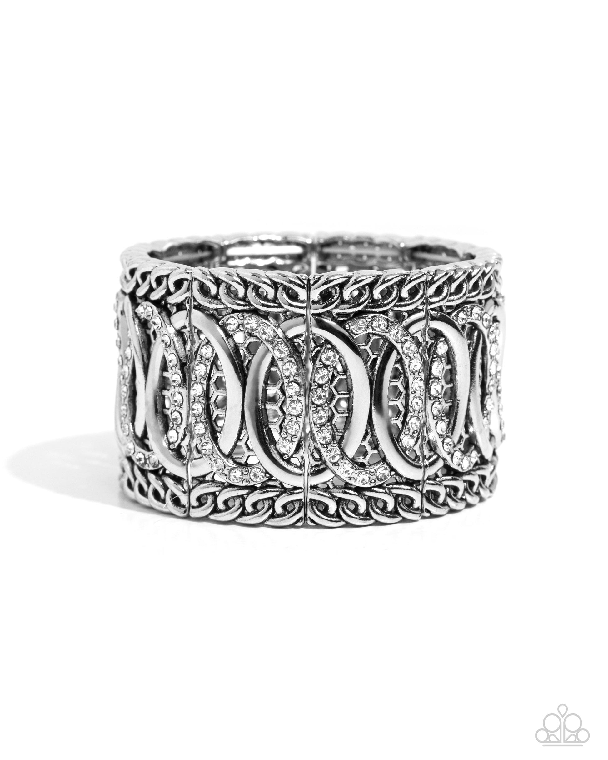 Paparazzi Accessories - Forged Fashion - White Bracelets infused along elastic stretchy bands, a collection of silver chain borders along silver rings that alternate with white rhinestone-encrusted rings for a monochromatic look along the wrist.  Sold as one individual bracelet.